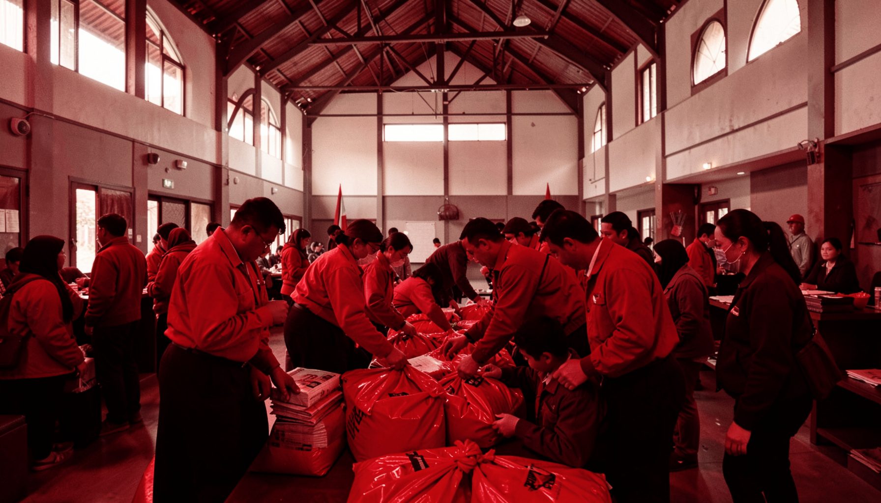 Sekumpulan sukarelawan berbaju merah menyusun bungkusan bantuan di sebuah dewan komuniti beratap tinggi dengan pencahayaan semula jadi